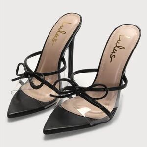 NWOT Lulus Haxy Black Vinyl Pointed-Toe Bow High Heel Sandals
